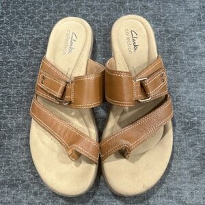 Clark's Collection Brown Leather Thong Slide Sandels Sz 8.5 Hook+Loop Adjustable